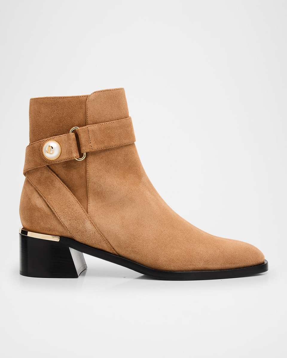 Noor 45 Suede Pearly-Button Ankle Booties